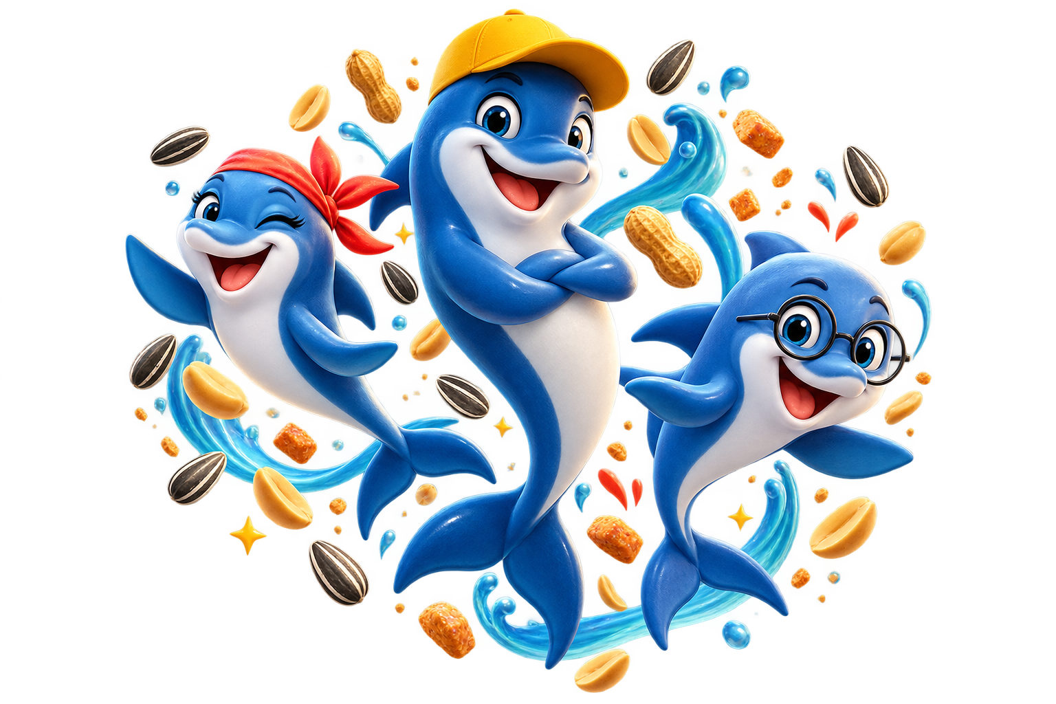 Three cartoon dolphin mascots surrounded by snacks